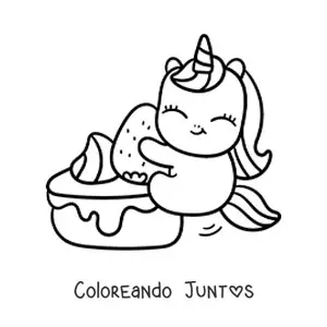 Imagen para colorear de un unicornio animado kawaii con un pastel de fresa