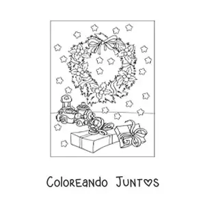 Imagen para colorear de corona de Navidad con regalos