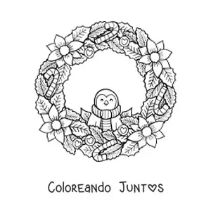 Imagen para colorear de corona de Navidad con pingüino kawaii y flores
