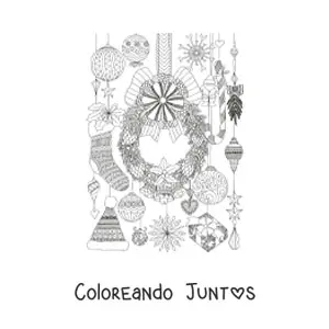 Imagen para colorear de corona de Navidad con adornos de Navidad