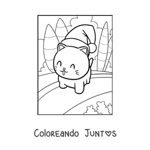 Imagen para colorear de gato kawaii con gorro de Navidad