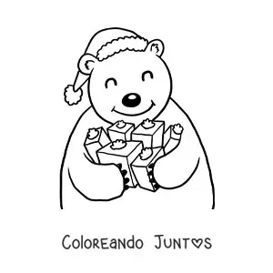 Imagen para colorear de oso con regalos y gorro de Navidad
