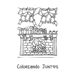 Imagen para colorear de chimenea decorada con calcetines y campanas de Navidad