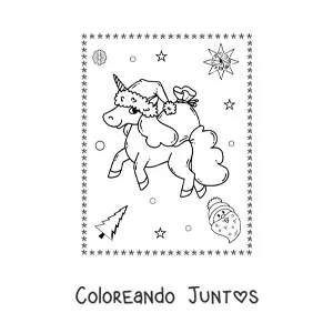 Imagen para colorear de unicornio navideño kawaii con regalos