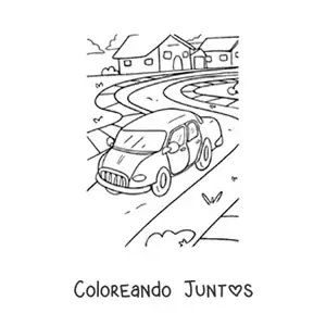 Imagen para colorear de un auto en una carretera con casas de fondo