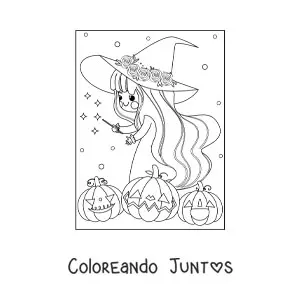 Imagen para colorear de bruja kawaii con calabazas de Halloween