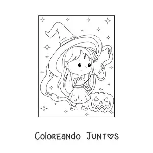 Imagen para colorear de bruja de Halloween kawaii con calabaza
