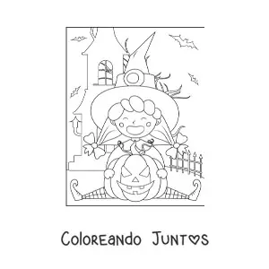 Imagen para colorear de brujita animada con calabaza de Halloween