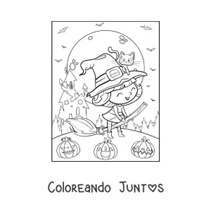 Imagen para colorear de bruja buena kawaii volando en escoba con gato