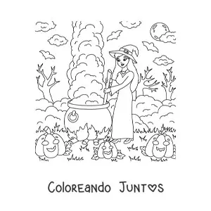 Imagen para colorear de bruja bonita con caldero