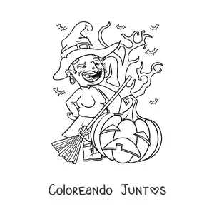Imagen para colorear de bruja fea en caricatura con calabaza de Halloween