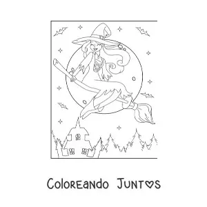Imagen para colorear de bruja bella volando con Luna llena