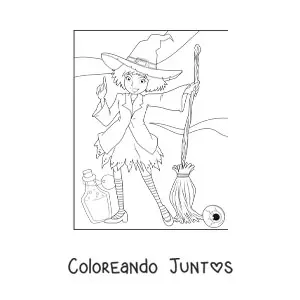 Imagen para colorear de brujita animada con escoba y pócima