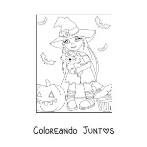 Imagen para colorear de brujita kawaii con gato y calabaza de Halloween