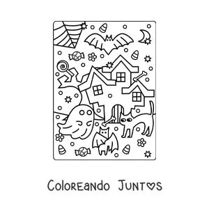 Imagen para colorear de casa encantada kawaii con gato y dulces de Halloween