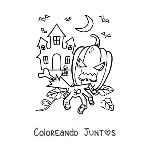 Imagen para colorear de casa encantada grande con calabaza de Halloween y murciélagos