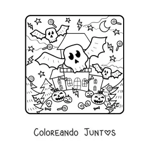 Imagen para colorear de mansión embrujada con monstruos y calabazas de Halloween