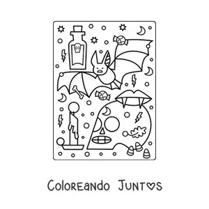 Imagen para colorear de murciélago animado con calavera de Halloween