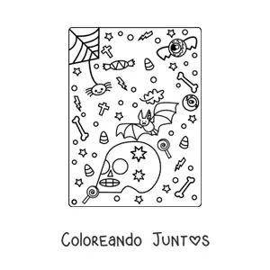 Imagen para colorear de murciélago animado con araña y calavera de Halloween