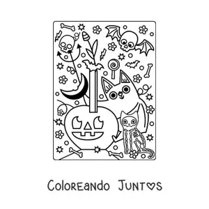 Imagen para colorear de murciélago con calavera y gato en Halloween
