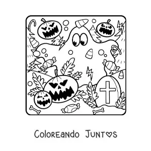 Imagen para colorear de fantasma divertido con calabazas de Halloween