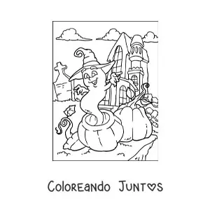 Imagen para colorear de fantasma animado con sombrero de bruja y casa encantada