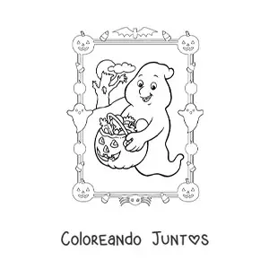 Imagen para colorear de fantasma de caricatura con dulces de Halloween