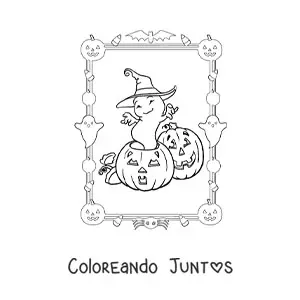 Imagen para colorear de fantasma de caricatura con sombrero de bruja en Halloween