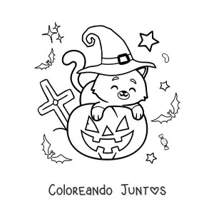 Imagen para colorear de gato kawaii con sombrero de bruja y calabaza de Halloween