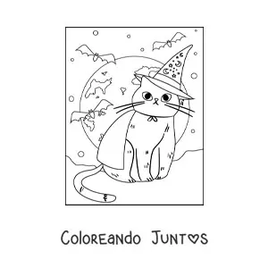 Imagen para colorear de gato kawaii con sombrero de bruja y murciélagos