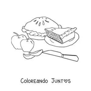 Imagen para colorear de un pie de manzana con dos manzanas y un cuchillo