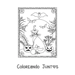 Imagen para colorear de gato con calabazas aterradoras de Halloween y murciélagos