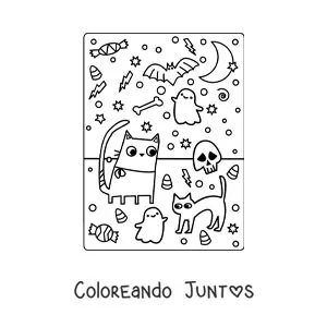 Imagen para colorear de gatos animados con fantasmas y dulces de Halloween