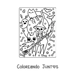 Imagen para colorear de gato con fantasma kawaii de Halloween