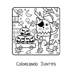 Imagen para colorear de caricatura de gato con calabazas de Halloween
