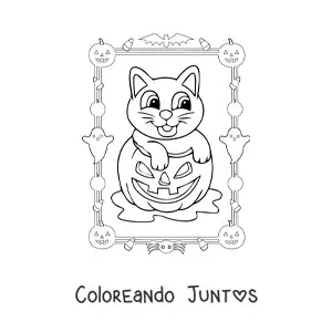 Imagen para colorear de caricatura de gato tierno en calabaza de Halloween