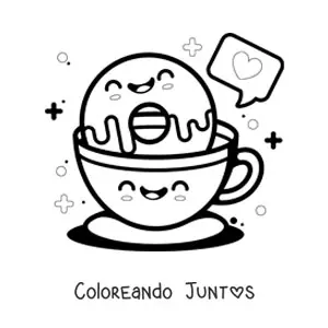 Imagen para colorear de una dona kawaii en una taza de café kawaii