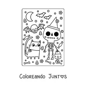 Imagen para colorear de esqueleto animado con dulces de Halloween