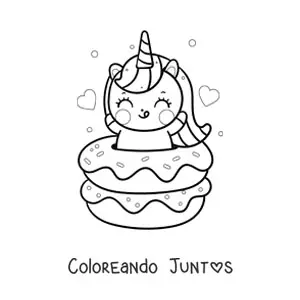 Imagen para colorear de un unicornio kawaii dentro de dos donas gigantes