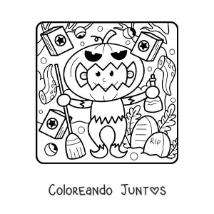 Imagen para colorear de niño disfrazado con máscara de calabaza en Halloween