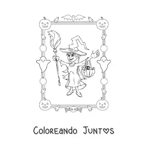 Imagen para colorear de niña disfrazada de bruja pidiendo dulces en Halloween