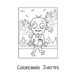 Imagen para colorear de zombie animado bailando en un cementerio en Halloween