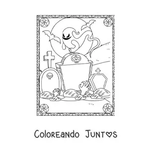 Imagen para colorear de mano de un zombie saliendo de su tumba con fantasmas