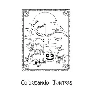 Imagen para colorear de tumbas con calavera en la noche de Halloween