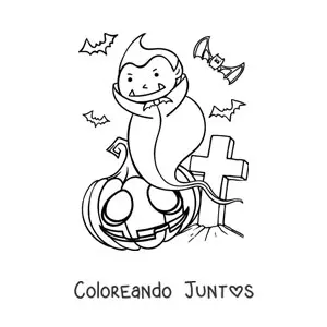 Imagen para colorear de vampiro animado con calabaza de Halloween