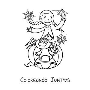 Imagen para colorear de chica vampiro con araña y calabaza de Halloween