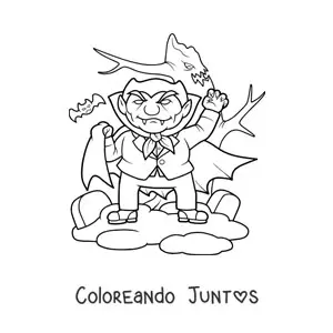 Imagen para colorear de vampiro animado en Halloween con murciélagos