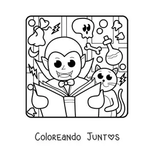 Imagen para colorear de vampiro kawaii en Halloween con libro y un gato
