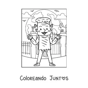 Imagen para colorear de Frankenstein animado en la noche de Halloween