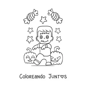 Imagen para colorear de Frankenstein kawaii con calabazas y dulces de Halloween